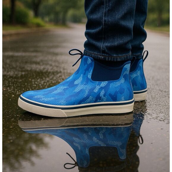 HISEA Men’s 13 Waterproof Rain Boots Blue Camo Rubber Slip On Chelsea Ankle Deck - Picture 1 of 11